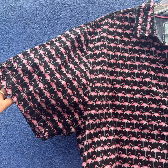 good vibes by drill slim fitting pink flamingo short sleeve button up - Picture 3 of 7